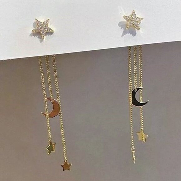 Gold Moon and Stars Drop Earrings - Picture 2 of 3